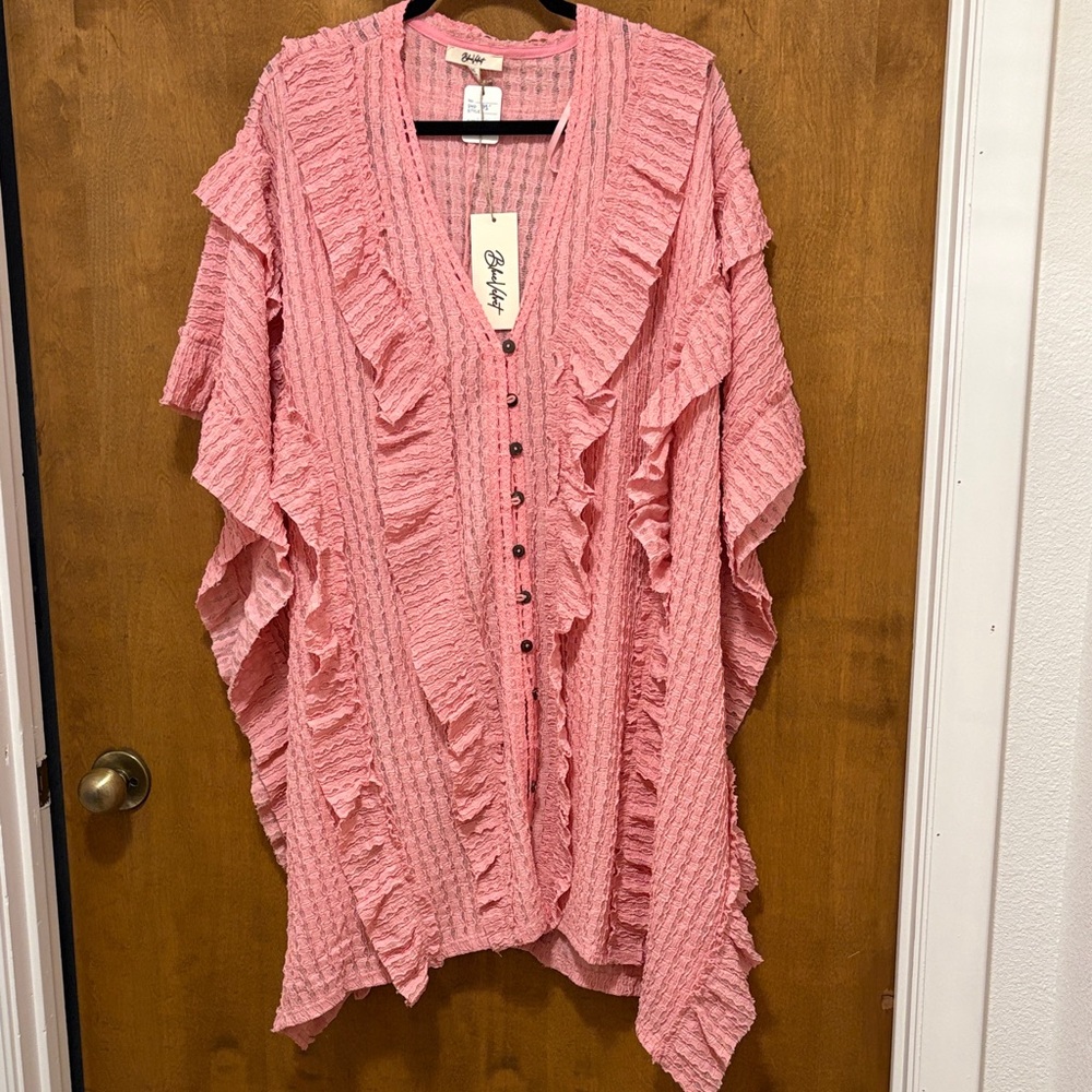 570. Blue Velvet Blush Pink Ruffled Button-Front Kimono